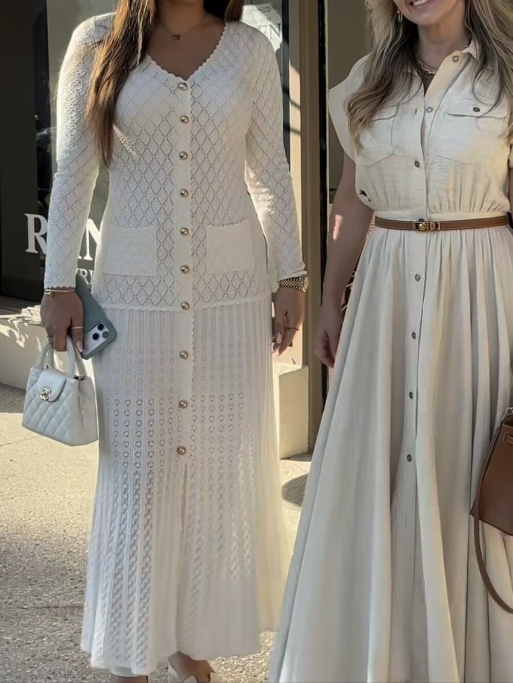 Women's Designer Dress - Sandro White Knit Long Sleeve Midi Dress Size 40